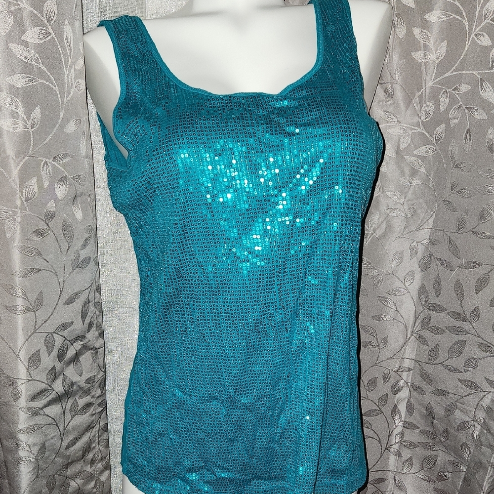 Lane Bryant Blue Sequin Fitted Tank Top